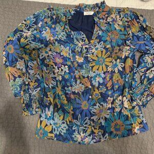 Avara - Regina Top - Blue Floral Split Neck Blouse - XS